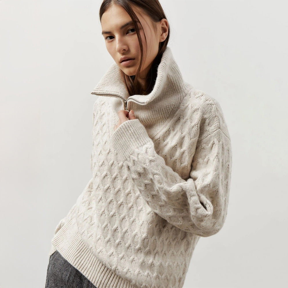 Damen Gemusterter Strickpullover mit hohem Kragen und Halbreißverschluss EB