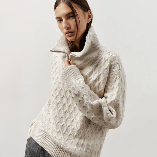 Damen Gemusterter Strickpullover mit hohem Kragen und Halbreißverschluss EB