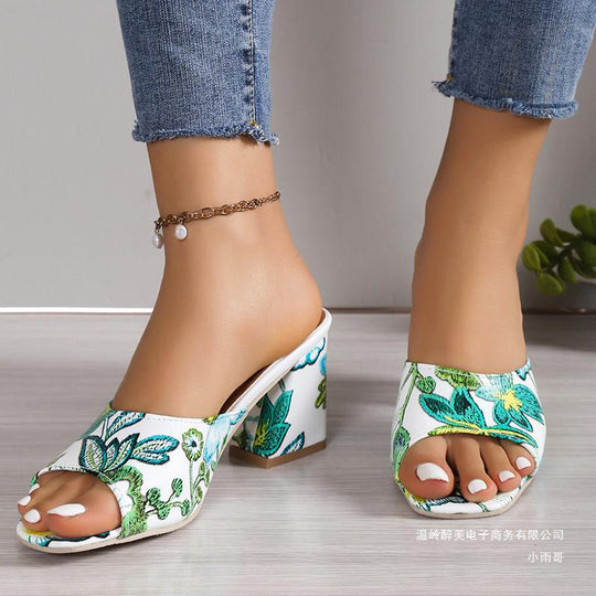 Damen Offene Mules mit floralem Muster und komfortablem Blockabsatz EB