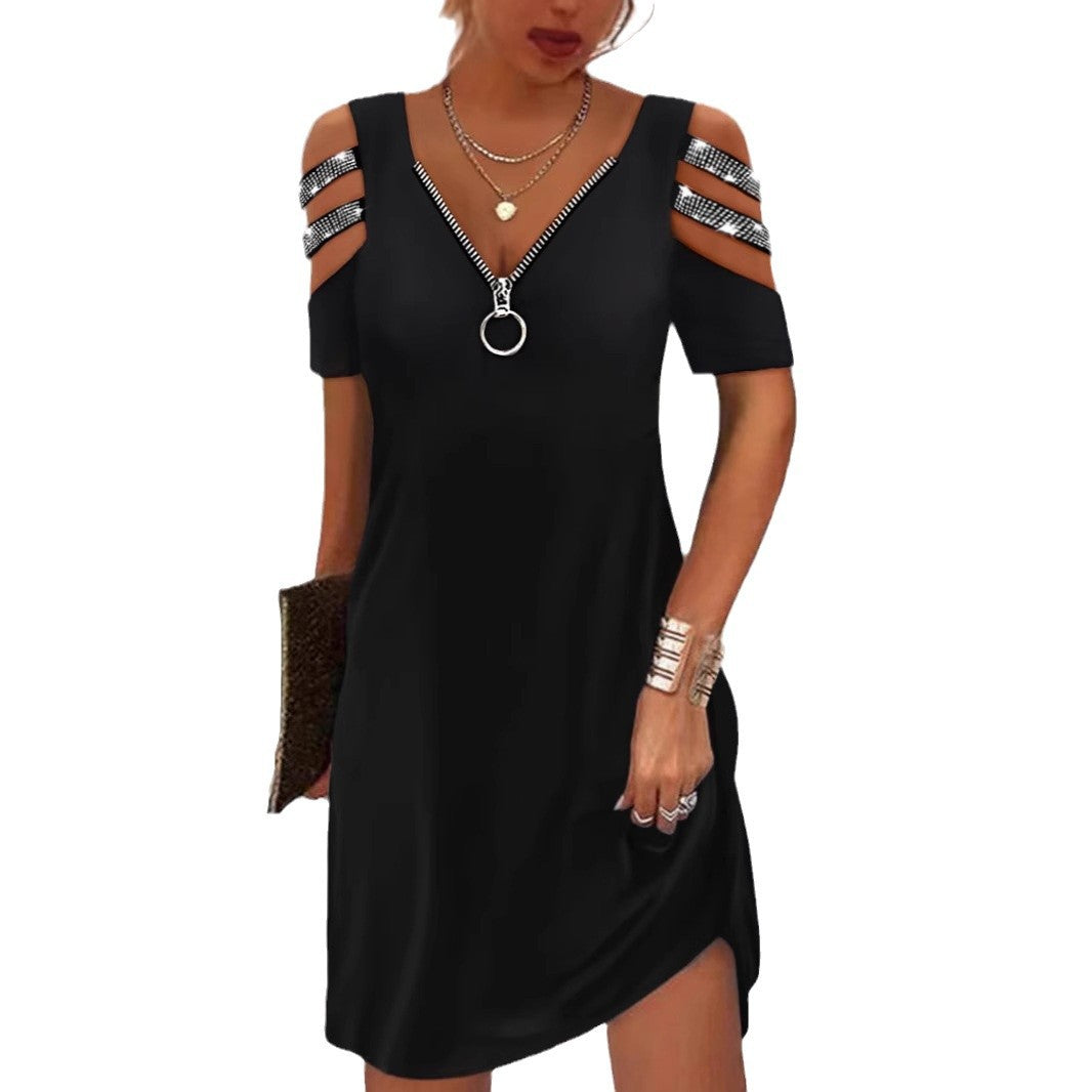Damen Trendiges Kleid mit schulterfreien Ärmeln und Reißverschlussdetails EB