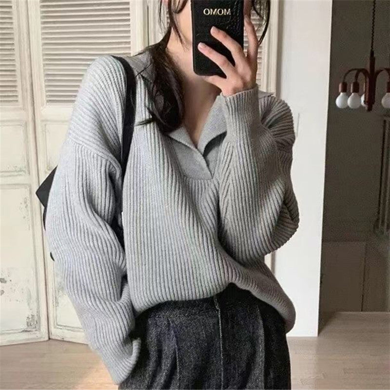 Damen lässiger Feinstrickpullover mit weichem Kragen und Rippstruktur EB