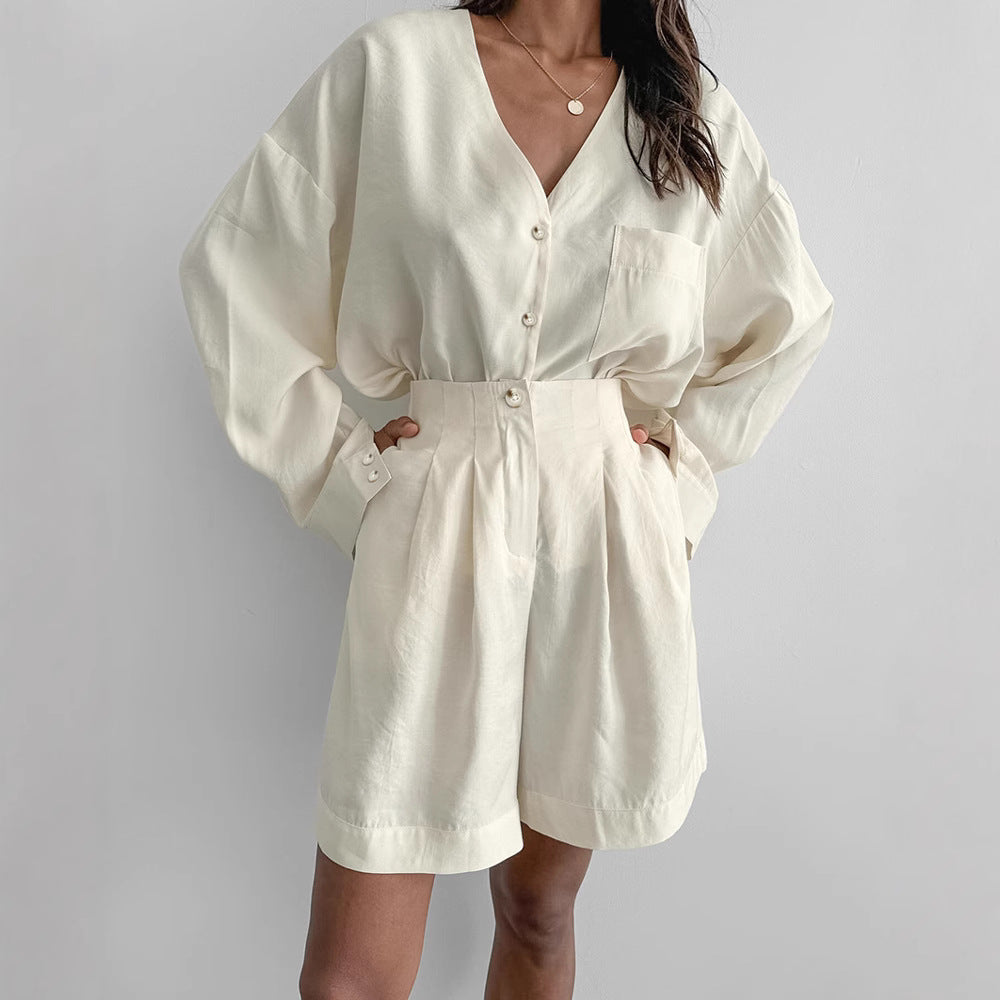Damen bequemer Schlafanzug mit Knopfleiste und kurzen Hosen EB
