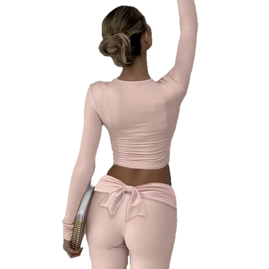 Damen nan Cropped-Longsleeve mit dekorativer Schleifenfront, V-Ausschnitt und figurbetonter Passform EB