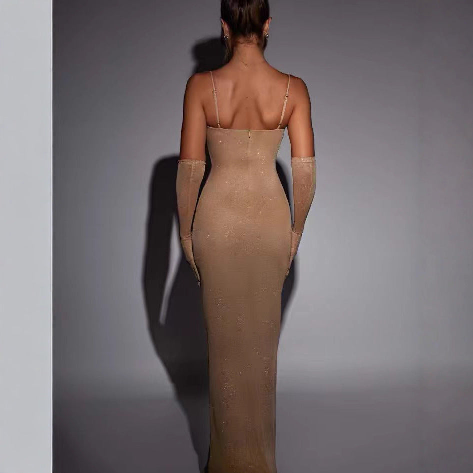 Damen Glamouröses Maxikleid mit transparenten Ärmeln und figurbetontem Schnitt EB