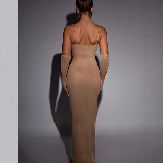 Damen Glamouröses Maxikleid mit transparenten Ärmeln und figurbetontem Schnitt EB
