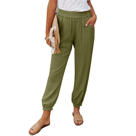 Damen lässige Leinen-Hose mit elastischem Bund und Gummizug EB