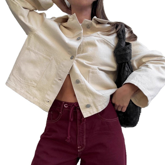 Damen Oversized Jeansjacke im minimalistischen Design mit praktischen Taschen EB