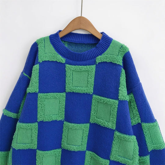 Damen modischer Strickpullover mit grafischem Blockmuster EB