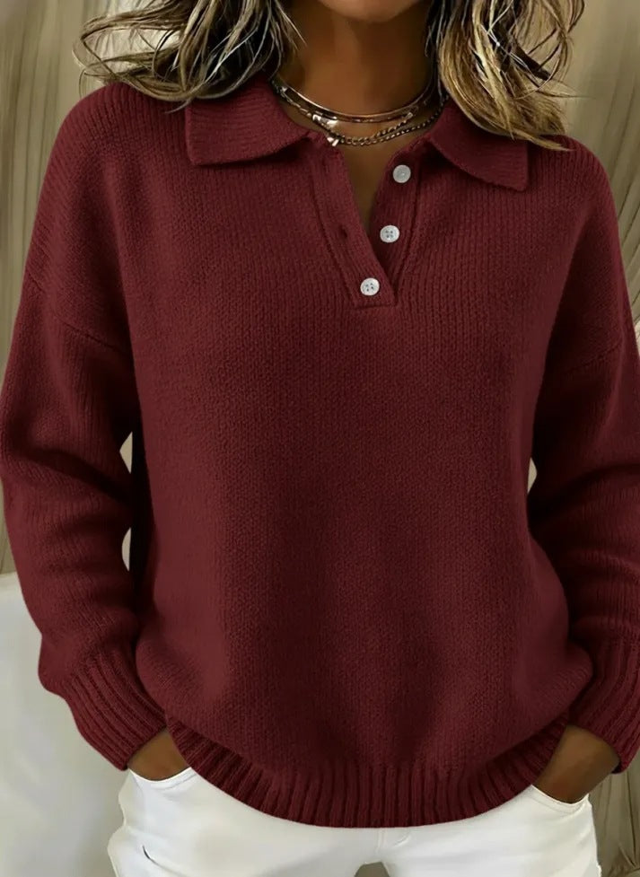 Damen nan kuscheliger Polokragenpullover mit kurzer Knopfleiste und gerippten Bündchen EB