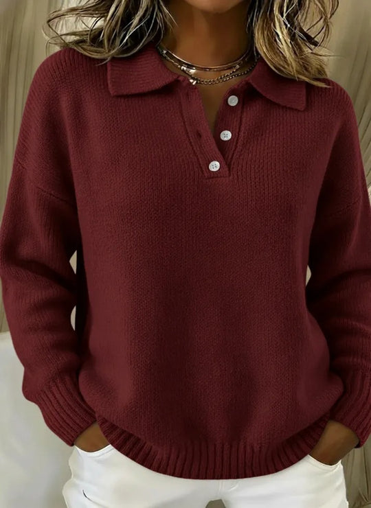 Damen nan kuscheliger Polokragenpullover mit kurzer Knopfleiste und gerippten Bündchen EB