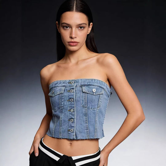 Damen Denim Bustier-Top mit Knopfdetail und Fransen EB