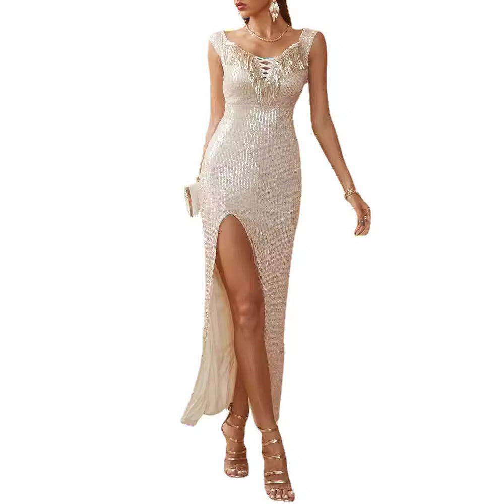Damen Funkelndes Abendkleid mit schimmernden Pailletten und elegantem Schlitz EB