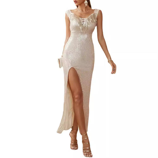 Damen Funkelndes Abendkleid mit schimmernden Pailletten und elegantem Schlitz EB