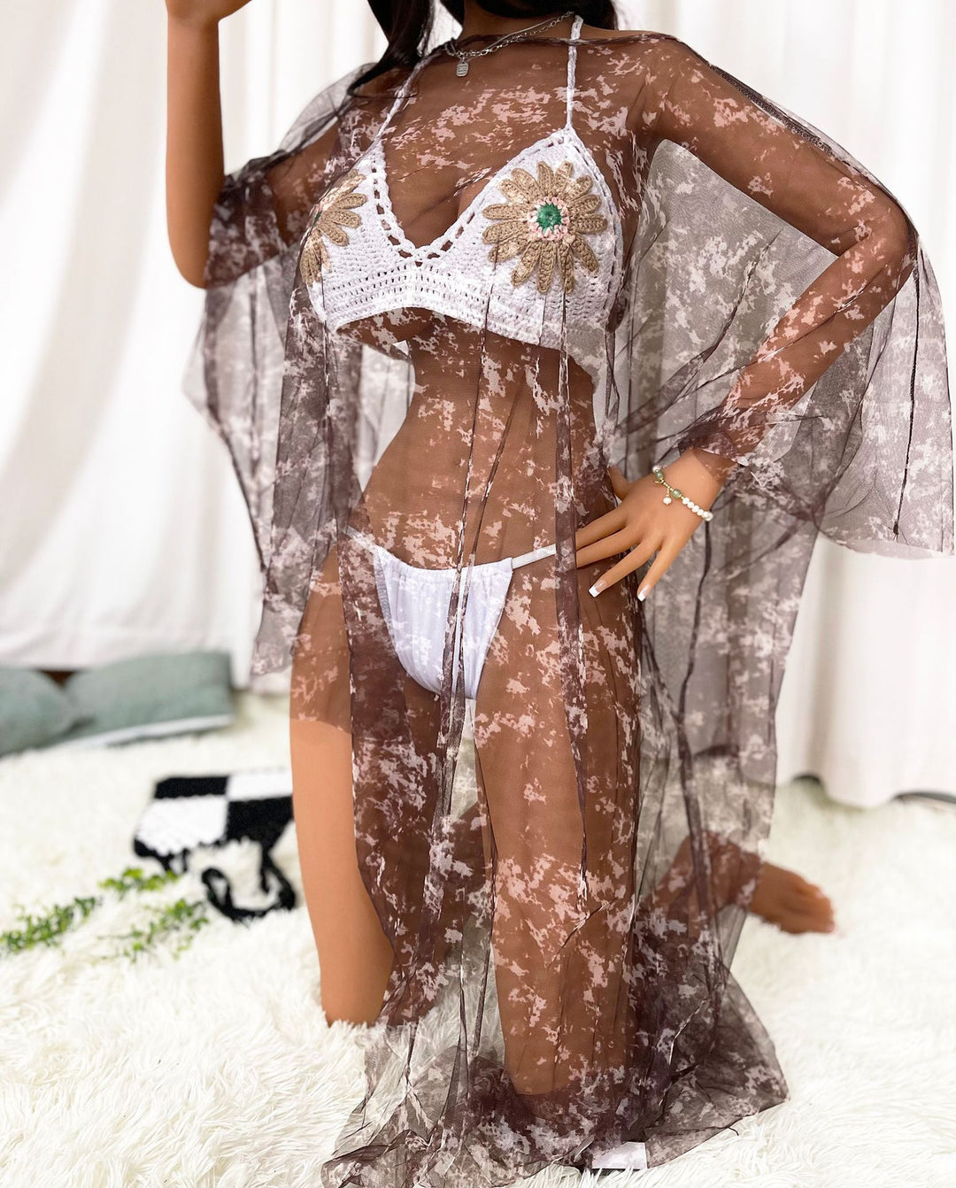 Damen transparenter Strandüberwurf mit bunten Akzenten EB