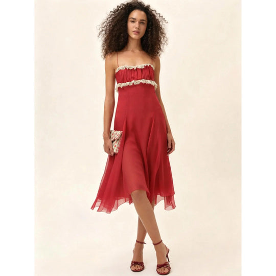 Damen Fließendes Midi-Kleid mit raffinierten Rüschendetails EB