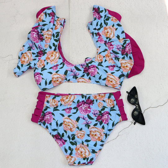 Damen Bikini-Set mit Rüschendetails und floralem Muster EB