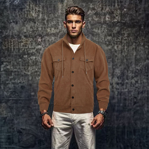 Herren lässige Cordjacke mit Kapuze und praktischen Brusttaschen EB