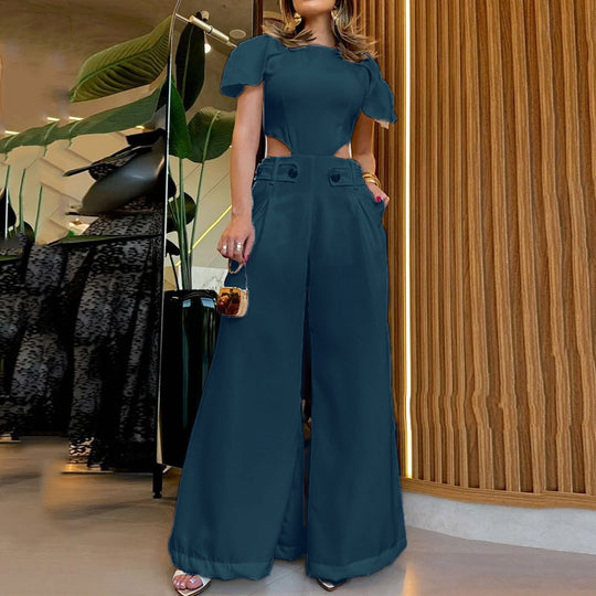 Damen Eleganter Jumpsuit mit Cut-Out und voluminösen Ärmeln EB