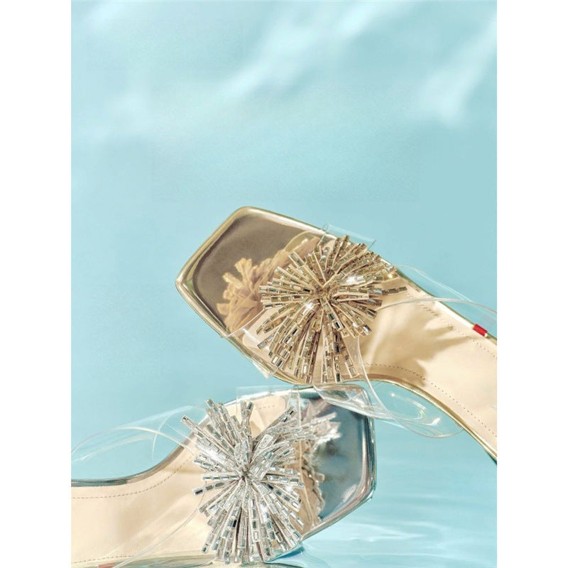 Damen Glamouröse und transparente Slipper EB