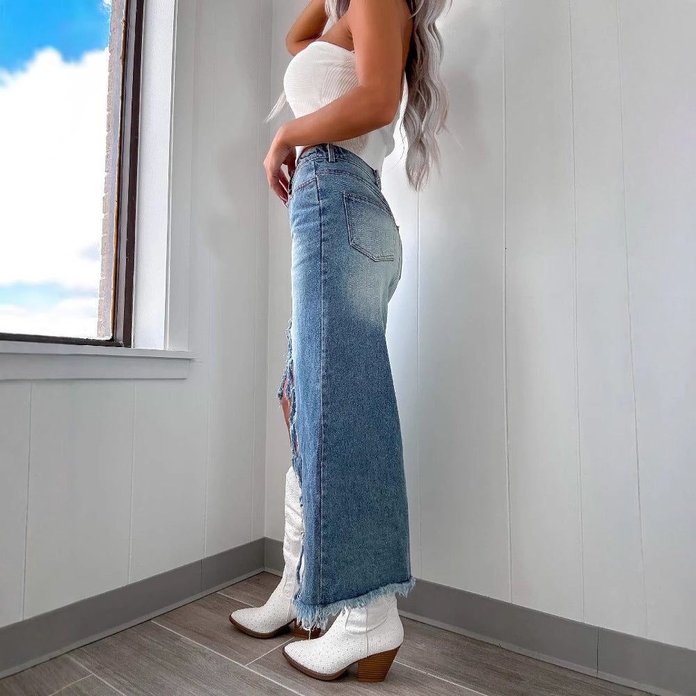 Damen Jeansrock mit asymmetrischem Schlitz und Fransensaum EB