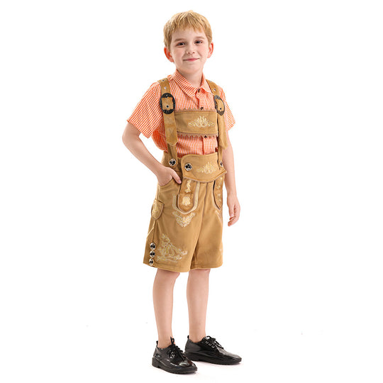Herren nan traditionelle Kinderlederhose kurz mit aufwendiger Stickerei, Latztasche und verstellbaren Trägern EB