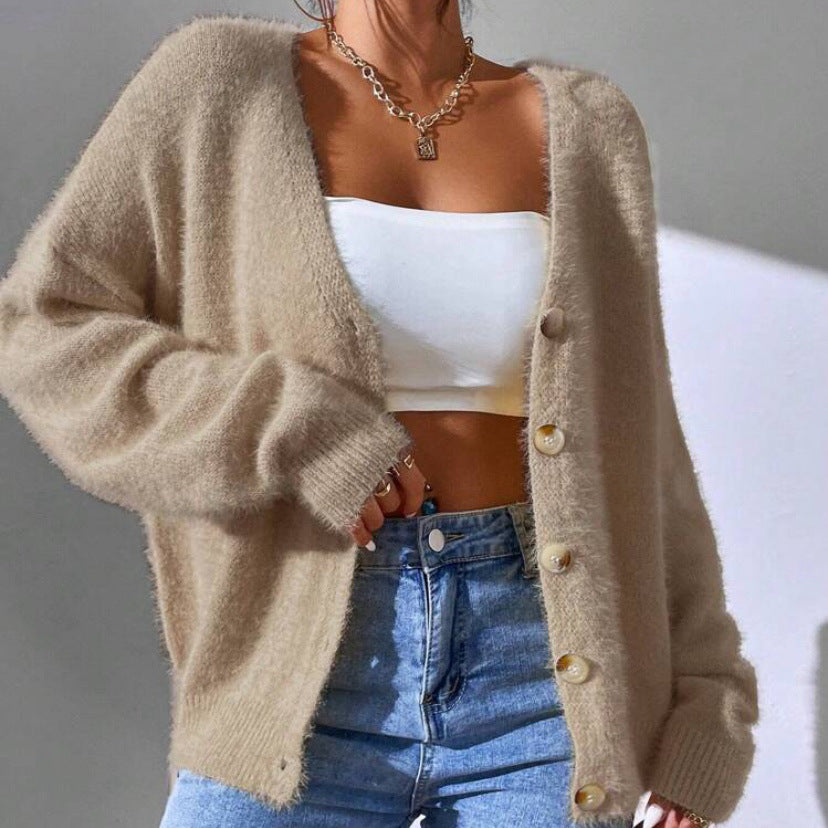 Damen Flauschiger Strick-Cardigan mit goldenen Knöpfen und lässigem Schnitt EB