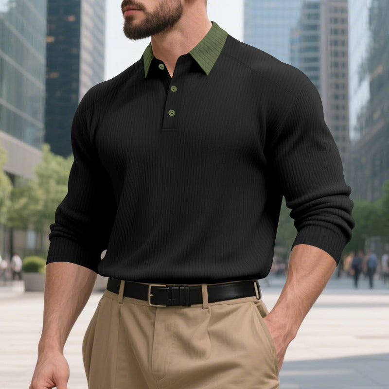 Herren lässiges Langarm-T-Shirt mit strukturiertem Stoff und modischem Kragen EB