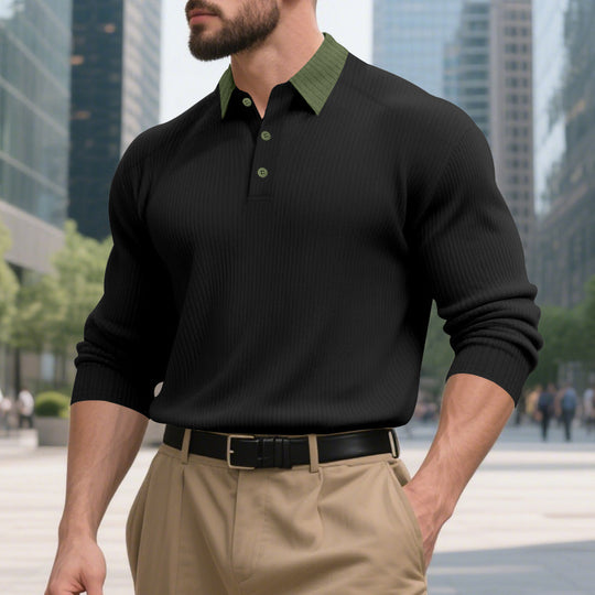 Herren lässiges Langarm-T-Shirt mit strukturiertem Stoff und modischem Kragen EB