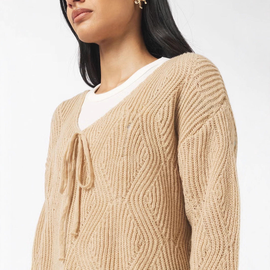 Damen Oversize Strickpullover mit V-Ausschnitt, Kordelzug und Rautenstruktur EB