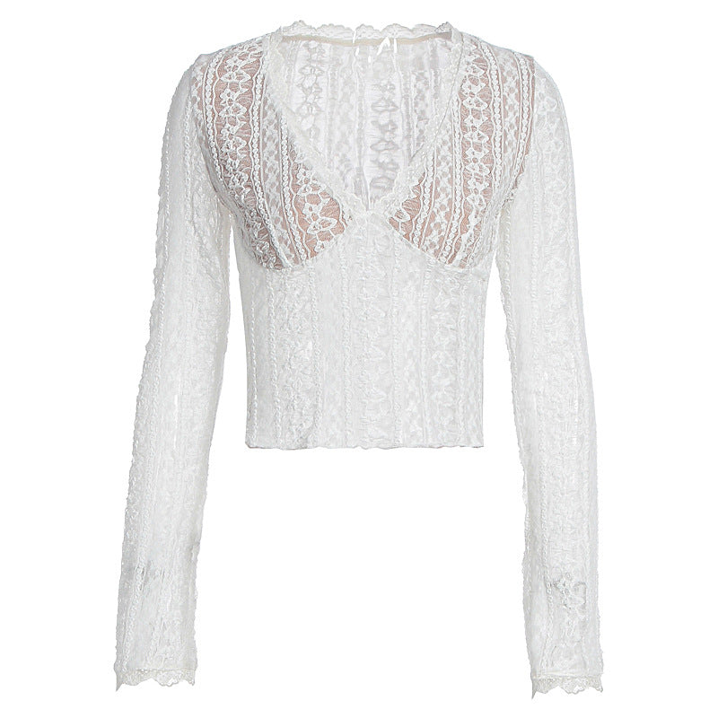Damen Spitzenbluse mit transparentem Design und langen Ärmeln EB