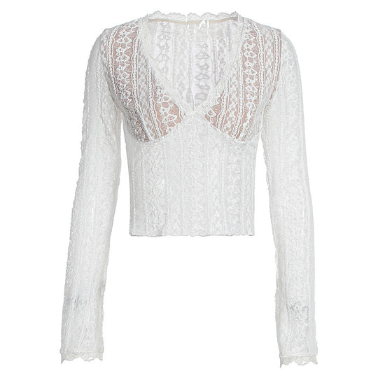 Damen Spitzenbluse mit transparentem Design und langen Ärmeln EB