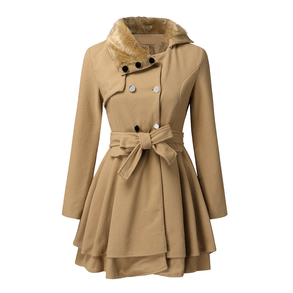 Damen eleganter Trenchcoat mit abnehmbarem Fellkragen und Taillengürtel EB