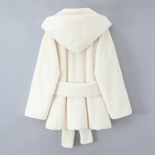 Damen Kapuzenjacke aus kuscheligem Material mit taillierbarem Gürtel und praktischen Taschen EB