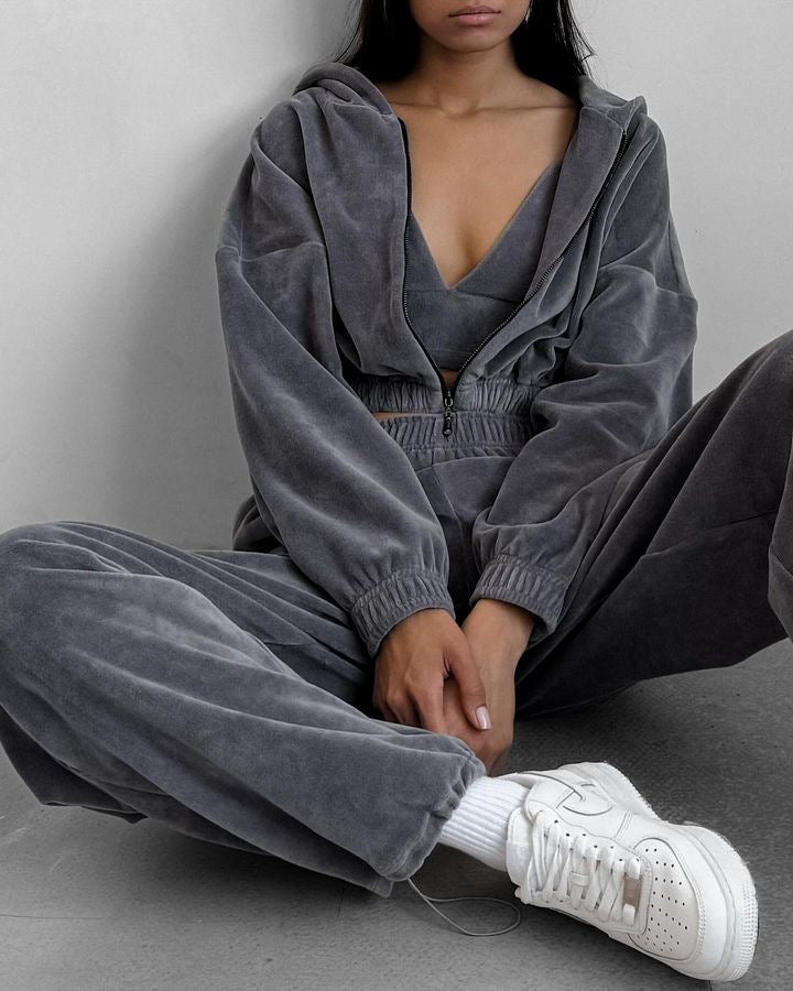Damen Velours-Lounge-Set mit kurzem Reißverschluss-Hoodie, elastischer High-Waist-Jogginghose und Bustier EB