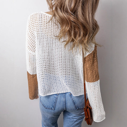 Damen luftiger Strickpullover mit modernem Netzstruktur-Design und dekorativen Kordeln EB