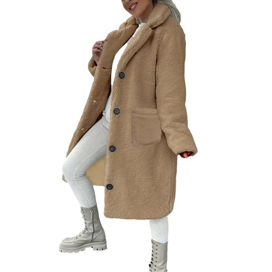 Damen Kuscheliger Fleece-Mantel mit Taschen und Knopfverschluss EB