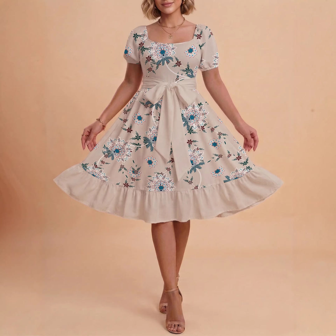 Damen Blumenkleid mit taillierbarem Gürtel und voluminösen Ärmeln EB