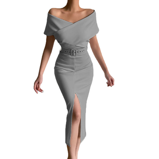 Damen Etuikleid mit schulterfreiem Design und hohem Schlitz EB