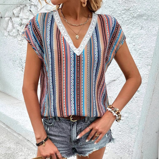 Damen Blusenshirt mit lässigem V-Ausschnitt und buntem Streifenmuster Heidi-Mode