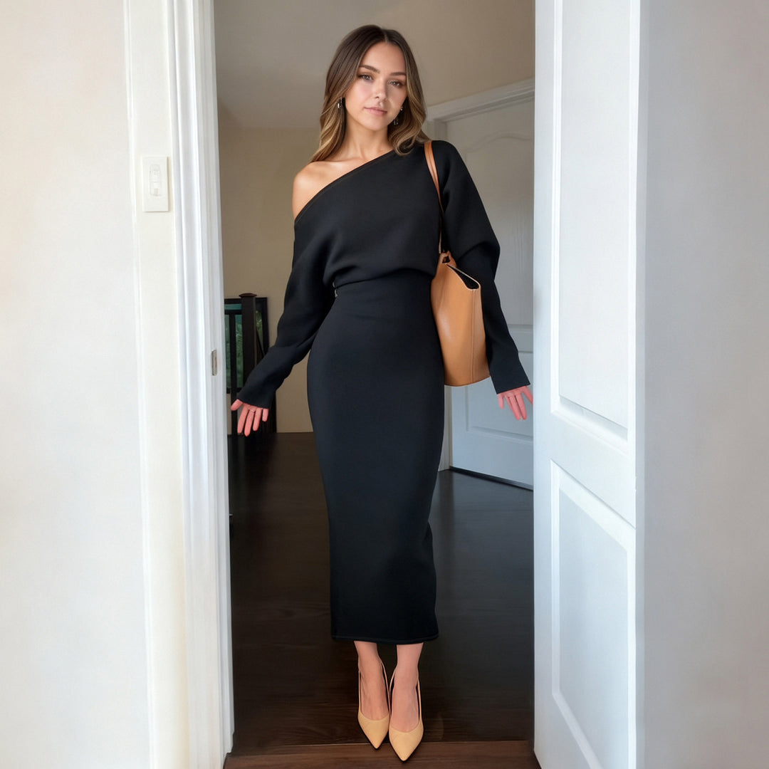 Damen nan figurbetontes Midikleid mit Fledermausärmeln und taillierter Passe EB