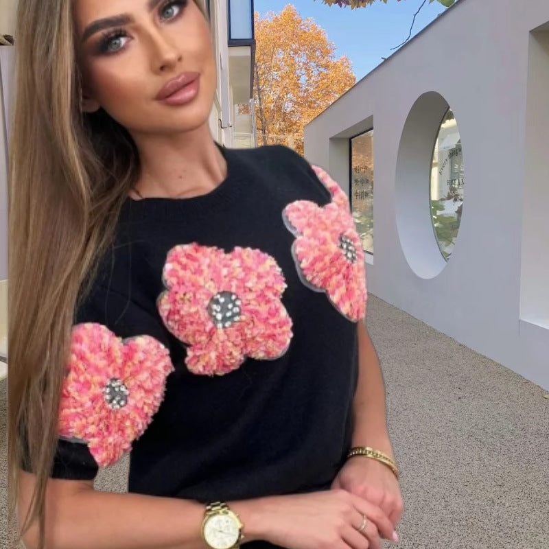 Damen Modischer Strickpullover mit floralen Applikationen EB