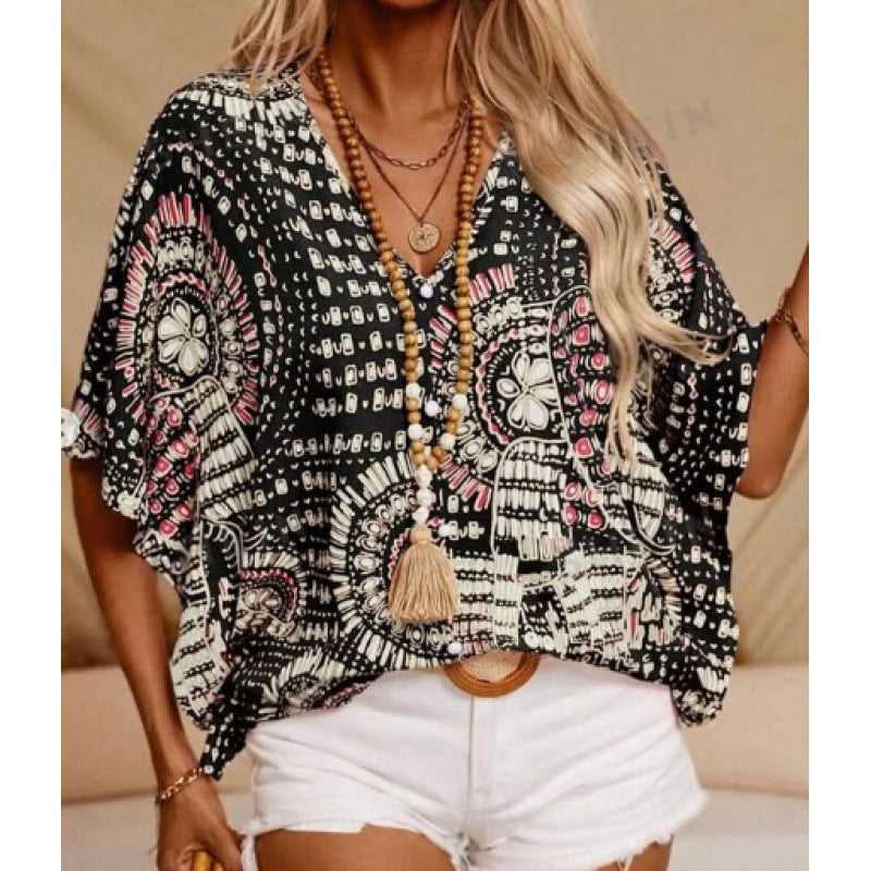 Damen Strandbluse im lässigen Boho-Stil mit bunten Mustern und voluminösen Ärmeln EB