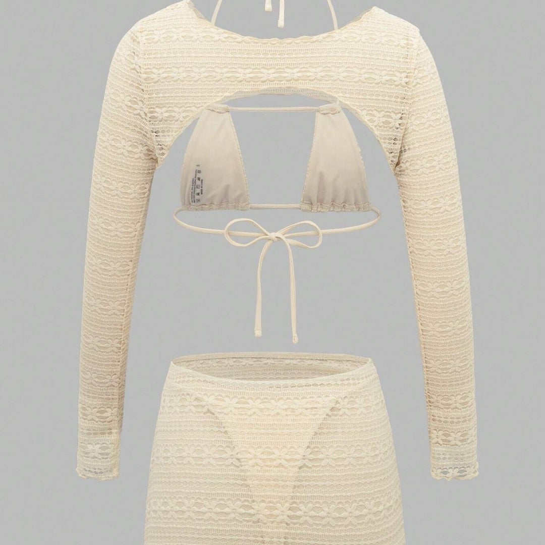Damen Bikini-Set mit langärmligem Oberteil und hoch geschnittenem Rock EB