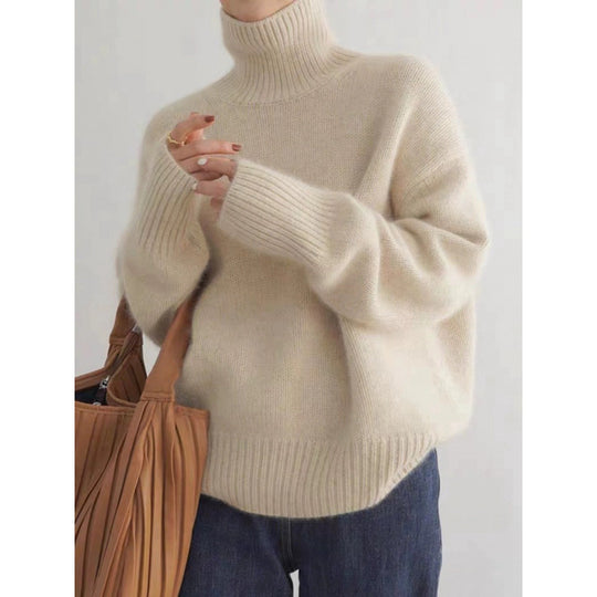 Damen Pullover mit hohem Kragen und weichem Materialmix EB