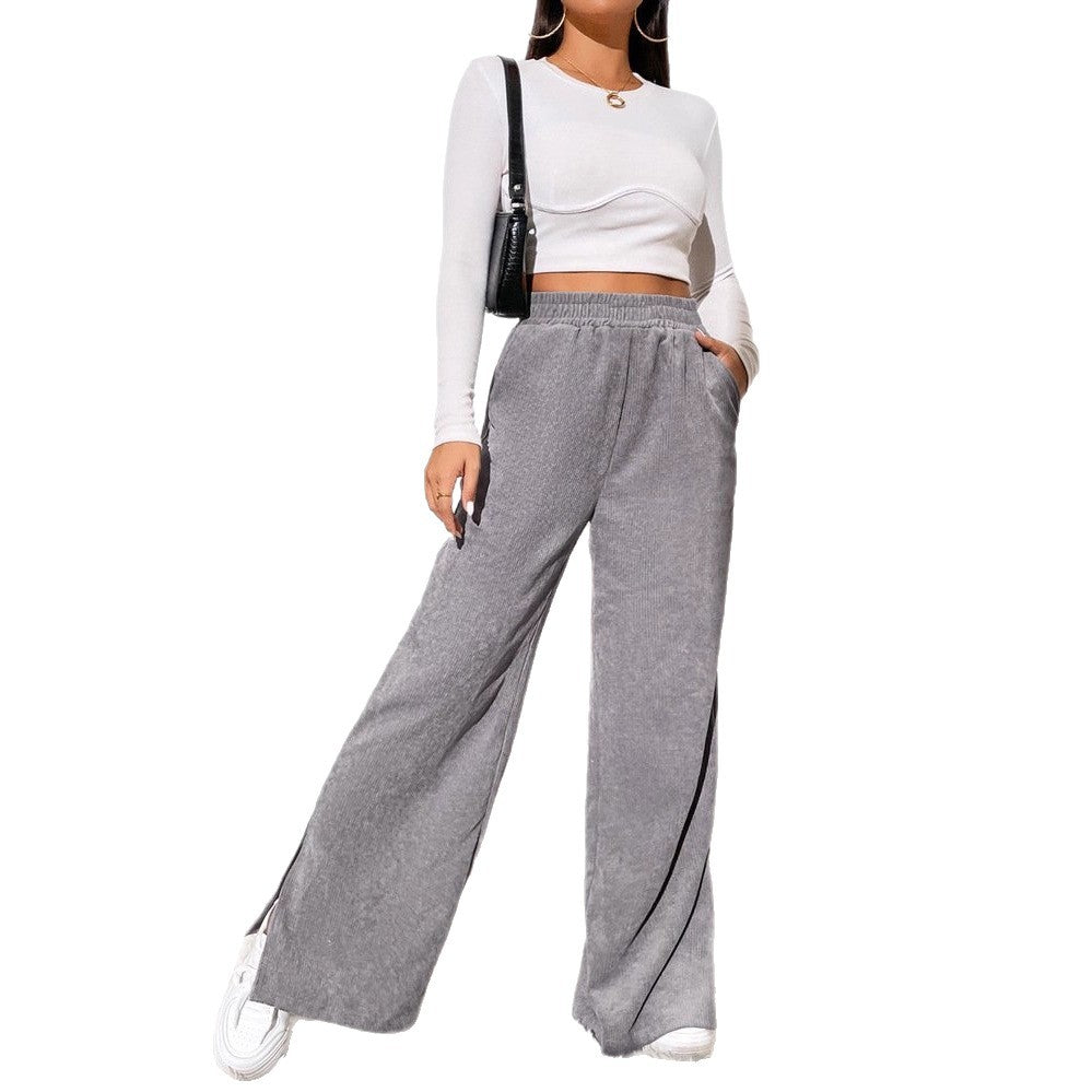 Damen Weite Cord-Hose mit elastischem Bund und seitlichen Schlitzen EB