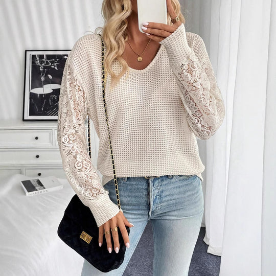 Damen nan locker geschnittener Waffelstrick-Pullover mit floralen Spitzeneinsätzen an den Ärmeln EB