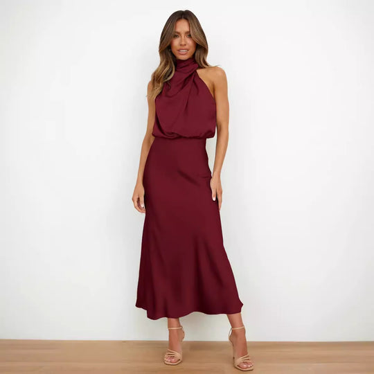 Damen Fließendes Maxikleid mit elegantem Stehkragen und Drapierung EB