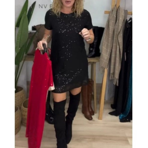 Damen Glamouröses Minikleid mit funkelnden Pailletten und elastischem Bund Heidi-Mode