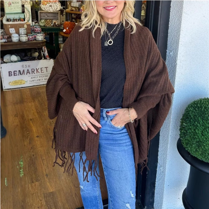 Damen vielseitiger Poncho mit Fransen EB