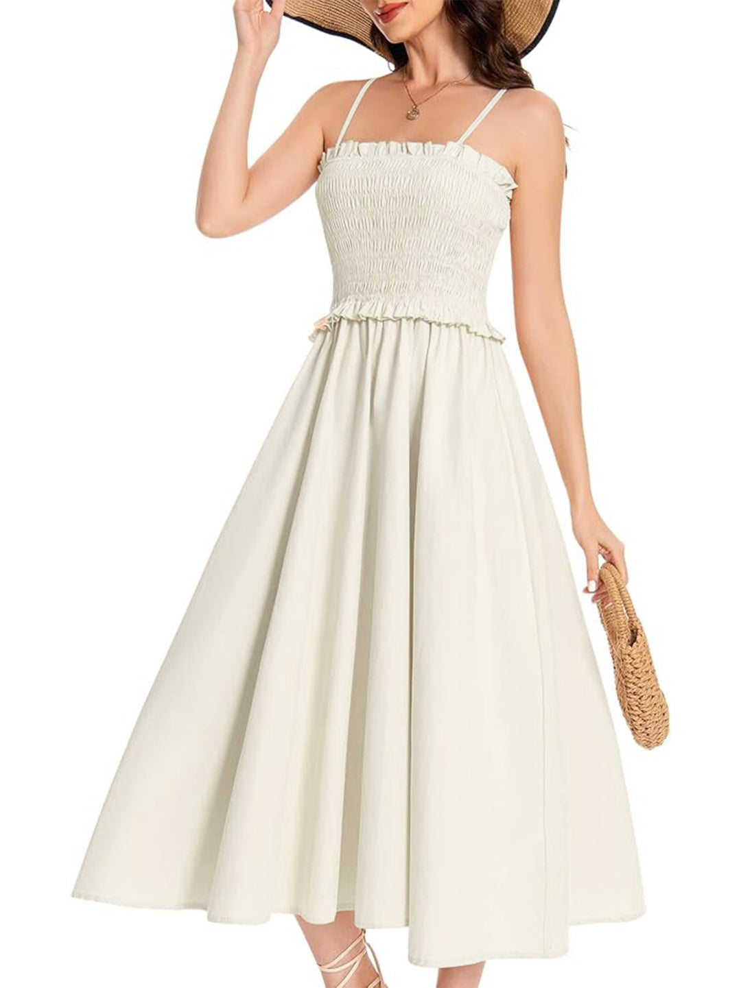 Damen Midi-Kleid mit elastischem Oberteil und weiten Rock EB